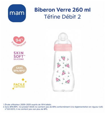 MAM Biberon Verre Premium 260 ml 2 Mois et + Débit 2 Moyen - Couleur : Rose