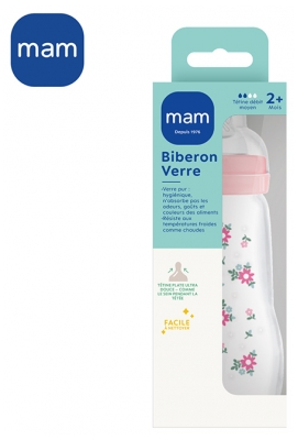 MAM Biberon Verre Premium 260 ml 2 Mois et + Débit 2 Moyen - Couleur : Rose