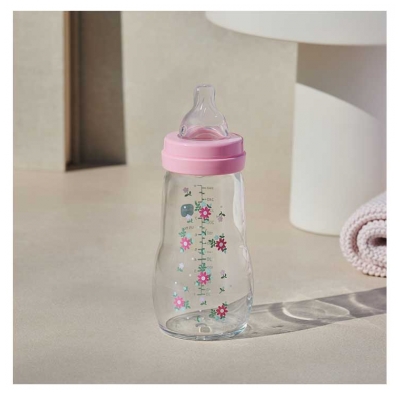 MAM Biberon Verre Premium 260 ml 2 Mois et + Débit 2 Moyen - Couleur : Rose