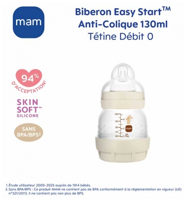 MAM Biberon Easy Start 130 ml Débit 0 Extra Lent Dès 0 Mois