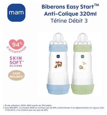 MAM 2 Biberons Easy Start Débit 3 320 ml 4 Mois et + - Couleur : Vert Moutons / Bleu Renards