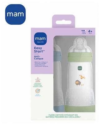 MAM 2 Biberons Easy Start Débit 3 320 ml 4 Mois et + - Couleur : Vert Moutons / Bleu Renards