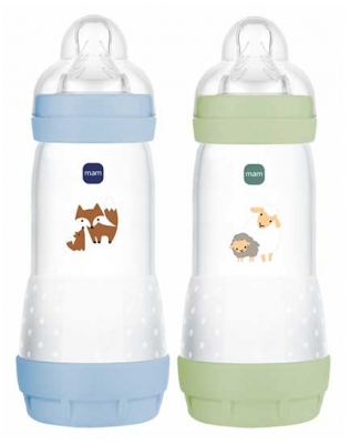 MAM 2 Biberons Easy Start Débit 3 320 ml 4 Mois et + - Couleur : Vert Moutons / Bleu Renards