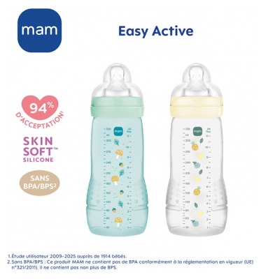 MAM Easy Active 2 Biberons 2ème Âge Débit Très Rapide 330 ml 6 Mois et + - Couleur : Pearl/Vert d'Eau