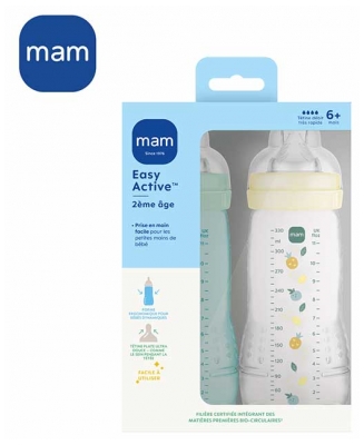 MAM Easy Active 2 Biberons 2ème Âge Débit Très Rapide 330 ml 6 Mois et + - Couleur : Pearl/Vert d'Eau
