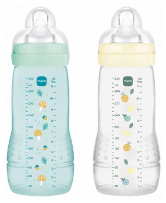 MAM Easy Active 2 Biberons 2ème Âge Débit Très Rapide 330 ml 6 Mois et + - Couleur : Pearl/Vert d'Eau