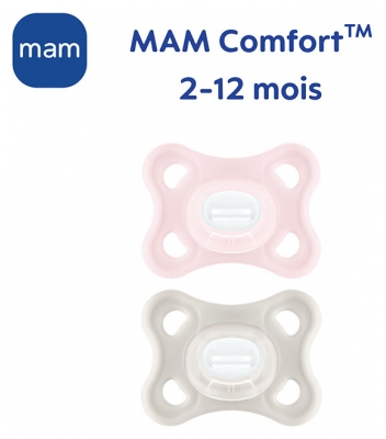 MAM Comfort 2 Sucettes Silicone 2 à 12 Mois - Couleur : Rose et Beige