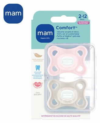 MAM Comfort 2 Sucettes Silicone 2 à 12 Mois - Couleur : Rose et Beige