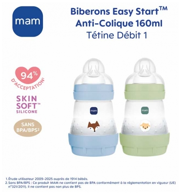 MAM 2 Biberons Easy Start 160 ml 0 Mois et + Débit 1 Lent - Couleur : Vert/Bleu