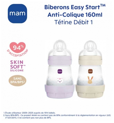 MAM 2 Biberons Easy Start 160 ml 0 Mois et + Débit 1 Lent - Couleur : Lilas/Sable
