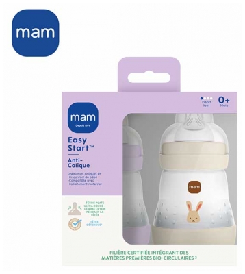 MAM 2 Biberons Easy Start 160 ml 0 Mois et + Débit 1 Lent - Couleur : Lilas/Sable
