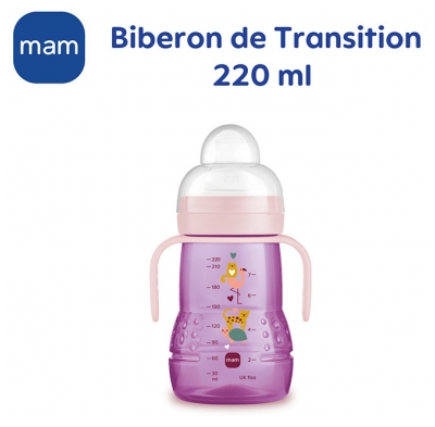 MAM Biberon de Transition 220 ml - Bec Souple Antifuite Silicone - Couleur : Rose