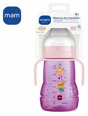 MAM Biberon de Transition 220 ml - Bec Souple Antifuite Silicone - Couleur : Rose