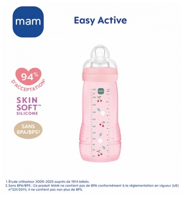 MAM Easy Active Biberon 2ème Âge Débit Très Rapide 330 ml 6 Mois et + - Couleur : Berry