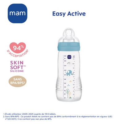 MAM Easy Active Biberon 2ème Âge Débit Très Rapide 330 ml 6 Mois et + - Couleur : Bleu