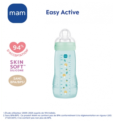 MAM Easy Active Biberon 2ème Âge Débit Très Rapide 330 ml 6 Mois et + - Couleur : Vert d'Eau