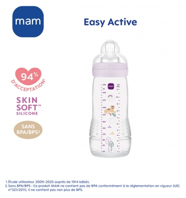 MAM Easy Active Biberon 2ème Âge Débit Très Rapide 330 ml 6 Mois et + - Couleur : Lilas