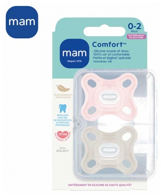 MAM Comfort 2 Sucettes Silicone 0 à 2 Mois - Couleur : Rose et Beige