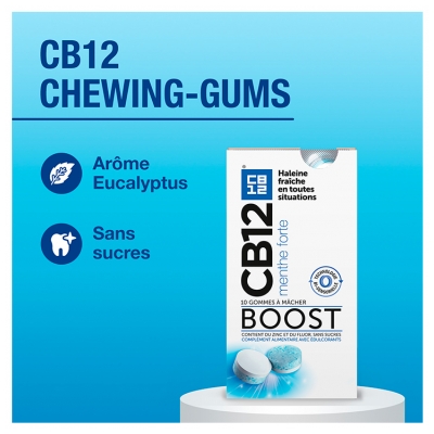 Cb12 Chewing Gum Boost - Chewing-Gums Menthe Forte - Sans Sucre Avec Édulcorants - Haleine Fraîche Instantanée - Zinc Anti-Mauvaise Haleine - 10 Gommes