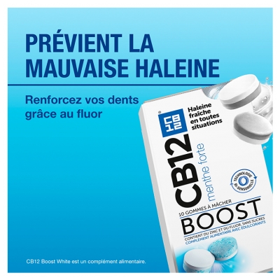 Cb12 Chewing Gum Boost - Chewing-Gums Menthe Forte - Sans Sucre Avec Édulcorants - Haleine Fraîche Instantanée - Zinc Anti-Mauvaise Haleine - 10 Gommes