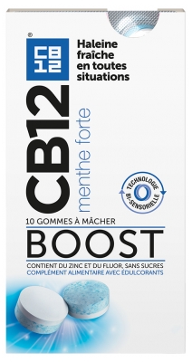 Cb12 Chewing Gum Boost - Chewing-Gums Menthe Forte - Sans Sucre Avec Édulcorants - Haleine Fraîche Instantanée - Zinc Anti-Mauvaise Haleine - 10 Gommes