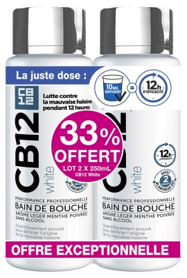 Cb12 Bain de Bouche White – Sans Alcool - Aide à Blanchir Les Dents - Protection Scientifiquement Prouvée Contre la Mauvaise Haleine Pendant 16 Heures – Combat la Cause de la Mauvaise Haleine – Fraîcheur Longue Durée – Menthe Douce - 250 ml - Lot de 2