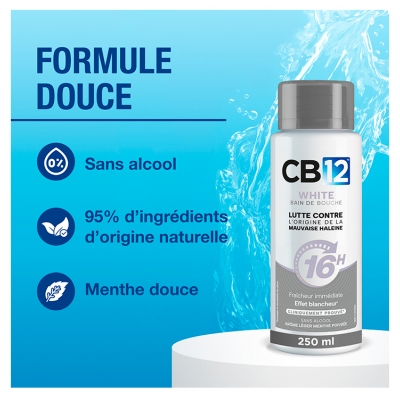Cb12 Bain de Bouche White – Sans Alcool - Aide à Blanchir Les Dents - Protection Scientifiquement Prouvée Contre la Mauvaise Haleine Pendant 16 Heures – Combat la Cause de la Mauvaise Haleine – Fraîcheur Longue Durée – Menthe Douce - 250 ml