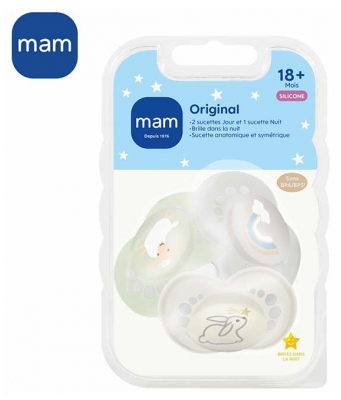 MAM 2 Sucettes Original Nature + 1 Sucette Original Nuit Dès 18 Mois - Modèle : Beige/Gris/Vert