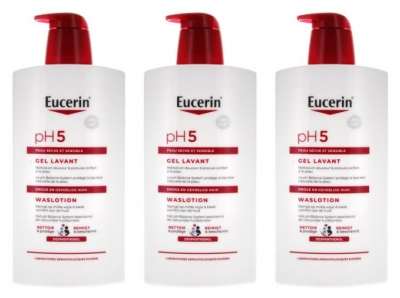 Gel nettoyant doux pour peau sensible Eucerin pH5 - Lot de 3 x 1L