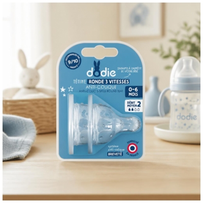 Dodie 2 Tétines Rondes Anti-Colique 3 Vitesses Débit Moyen 0-6 Mois