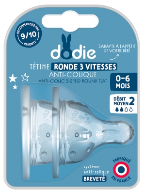 Dodie 2 Tétines Rondes Anti-Colique 3 Vitesses Débit Moyen 0-6 Mois
