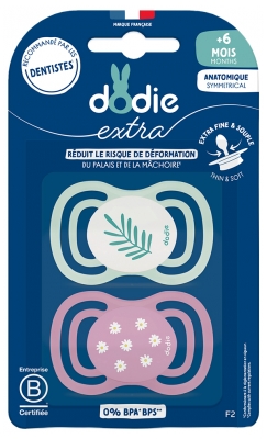 Dodie Extra 2 Sucettes Anatomiques Symmetrical + 6 MOIS - Couleur : Feuille/Marguerites