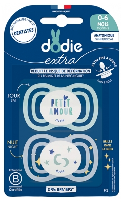 Dodie Extra 2 Sucettes Anatomiques Symmetrical Jour Nuit 0-6 Mois