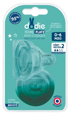 Dodie Tétine Sensation+ Plate - Col Large - 0-6 Mois - Silicone Débit 2 - Lot de 2