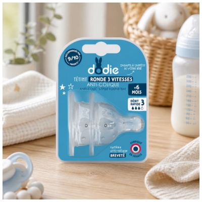 Dodie Tétine Initiation+ Ronde 3 Vitesses - Col Large - +6 Mois - Silicone Débit 3 - Rapide - Lot de 2