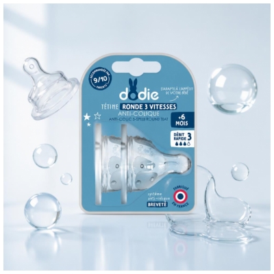 Dodie Tétine Initiation+ Ronde 3 Vitesses - Col Large - +6 Mois - Silicone Débit 3 - Rapide - Lot de 2