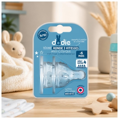 Dodie Tétine Initiation+ Ronde 3 Vitesses - Col Large - +6 Mois - Silicone Débit 4 - Liquide Épais - Lot de 2