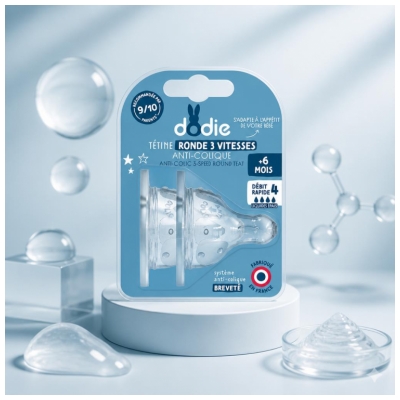 Dodie Tétine Initiation+ Ronde 3 Vitesses - Col Large - +6 Mois - Silicone Débit 4 - Liquide Épais - Lot de 2