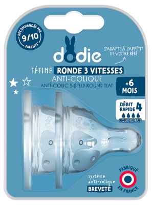 Dodie Tétine Initiation+ Ronde 3 Vitesses - Col Large - +6 Mois - Silicone Débit 4 - Liquide Épais - Lot de 2