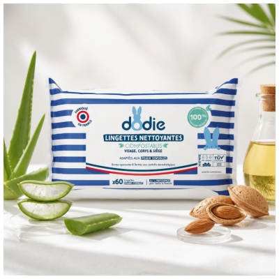 Dodie Lingettes Nettoyantes Compostables 60 Unités Grand Format
