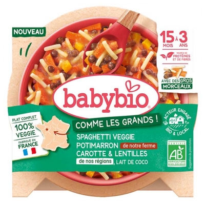 Babybio Spaghetti Veggie Potimarron Lentilles & Carotte Lait de Coco 15 Mois à 3 Ans Bio 200 g