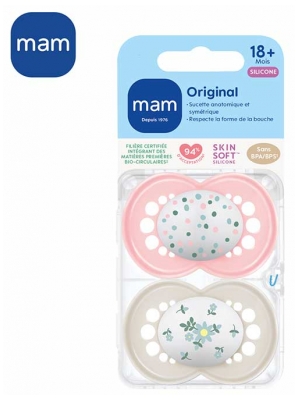MAM Sucette Original Classique - 18+ Mois - Silicone - X2 - Modèle : Pois Roses et Fleurs Bleues