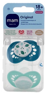 MAM Sucette Original Classique - 18+ Mois - Silicone - X2 - Modèle : Feuilles Bleues et Rayures Vertes