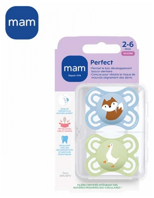 Sucettes Bébé MAM Perfect 2-6 Mois - Lot de 2 - Modèle : Renard et Oie