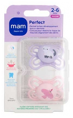 Sucettes Bébé MAM Perfect 2-6 Mois - Lot de 2 - Modèle : Chat et Oiseau