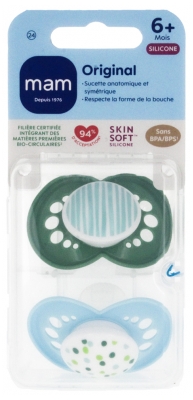 MAM 2 Sucettes Original Classique Dès 6 Mois - Modèle : Rayures Vert et Pois Bleu