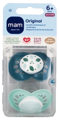 MAM 2 Sucettes Original Classique Dès 6 Mois - Modèle : Feuilles Bleu et Rayures Vert