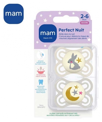 MAM Sucette Perfect Nuit - 2-6 Mois - Silicone - X2