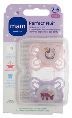 MAM Sucette Perfect Nuit - 2-6 Mois - Silicone - X2 - Modèle : Chat et Renne