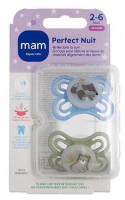 MAM Sucette Perfect Nuit - 2-6 Mois - Silicone - X2 - Modèle : Renard et Ours